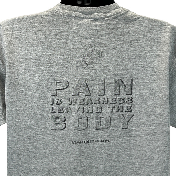 Vintage 90s USMC Marines T Shirt Mens L Large Pain Is Weakness Leaving Body Gray - Picture 1 of 11